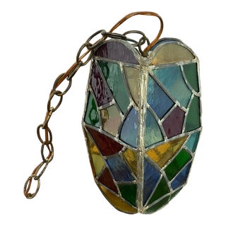 Vintage Mid 20th Century Multi Colored Rustic Stained Glass Pendant Light Fixture, Plug In For Sale