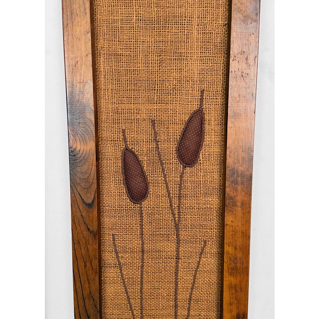 Mid-Century Embroidered Burlap Cattail Framed Wall Art - A Pair For Sale - Image 9 of 11