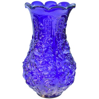 Cobalt Blue Glass Vase W/ Textured Motif For Sale