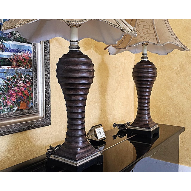 Vintage Uttermost Carved Wood-Finish Urn Table Lamps With Damask Shades – Pair For Sale - Image 17 of 18