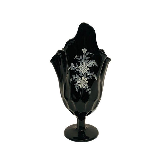 American Vintage Fenton Thumbprint Hand Painted Handkerchief Black Vase, Signed For Sale - Image 3 of 6