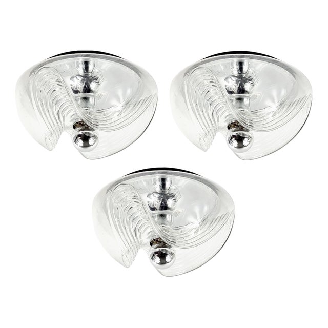 Large Mid-Century Modern Space Age Wave Glass Flush Mounts by Koch & Lowy for Peill & Putzler, Germany, 1970s, Set of 3 For Sale