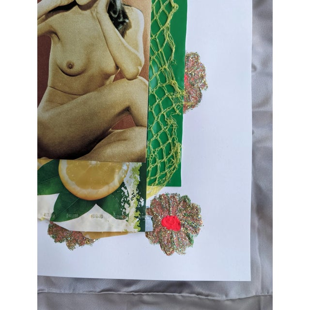 Yellow "Mutual Disappointment" Contemporary Abstract Mixed-Media Vintage Nude Postcard Collage For Sale - Image 8 of 9