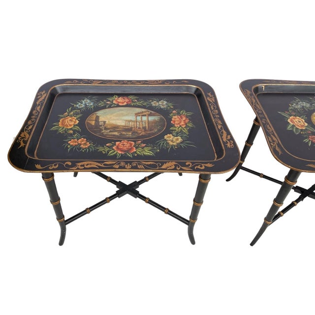 Regency Style Italian Faux Bamboo Tole Painted Tray Coffee Side Tables - Pair For Sale - Image 4 of 6