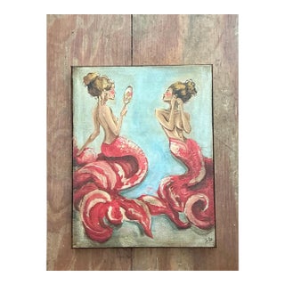 Vintage Oil Painting of Mermaids With Hand Mirrors For Sale