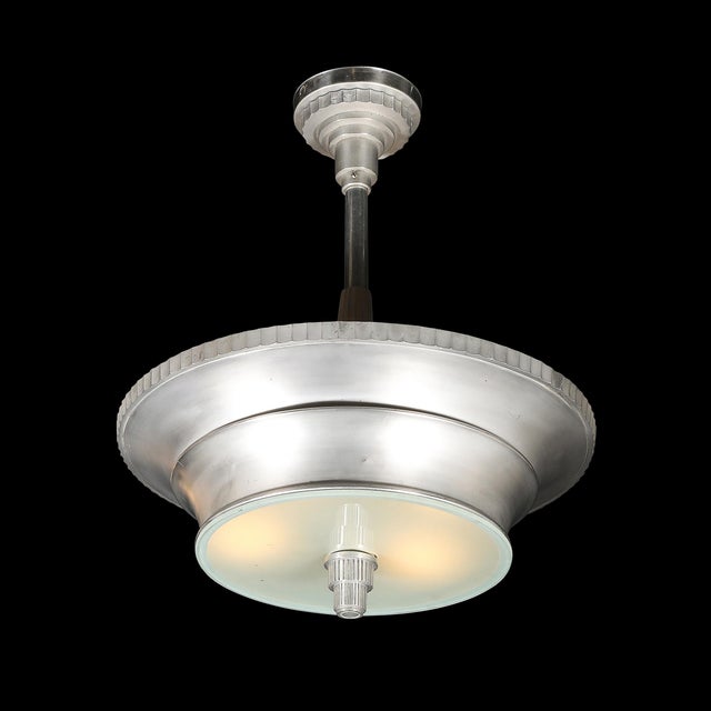 1930s Art Deco Brushed Aluminum & Frosted Glass Chandelier With Fluted Detailing For Sale - Image 12 of 13