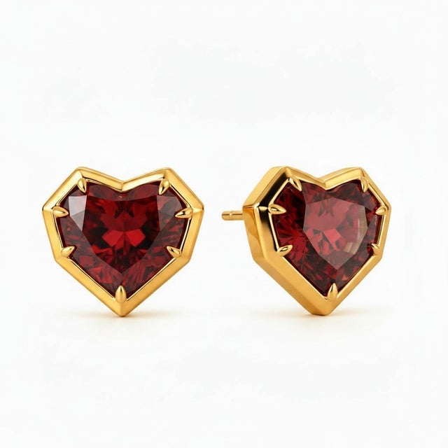 Architectural Heart Garnet Studs. Statement Heart Stud Earrings with Natural Garnets. Contemporary Heart Garnet Studs with...