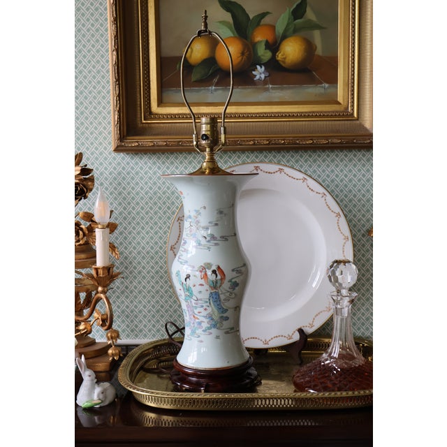 Vintage Chinese Celadon-Ground Famille Rose Celestial Figure Porcelain Table Lamp For Sale - Image 4 of 18