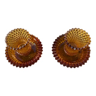 Pair Indiana Glass Amber Diamond Cut Point Votive Peg Holders and Candle Bases, MCM For Sale