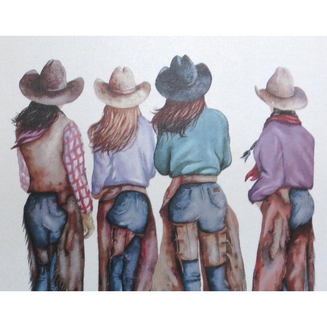 American Late 20th Century Doreman Burns Western Lithograph Canvas of Cowgirls Titled "He's Mine" For Sale - Image 3 of 9