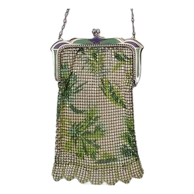 Whiting & Davis Mesh Purse Enamel Frame - Art Deco Flapper Era For Sale