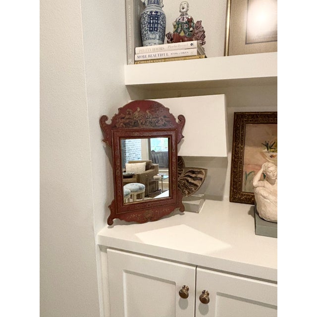 Antique Style Petite Scale Red Chinoiserie Wall Mirror / English Georgian Red Jappaned Style Mirror For Sale - Image 10 of 15
