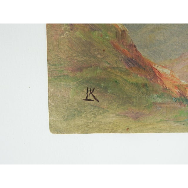Early 20th century gouache on heavy paper mountian landscape painting. Signed LK lower left. Unframed, age toning, corner...