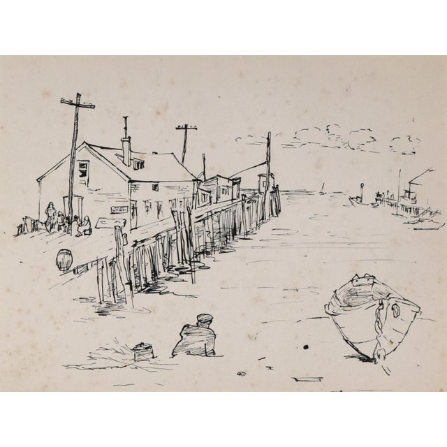 Mid-Century Modern Mid Century Modern Cape Cod/Provincetown Harbor Pen & Ink Drawing by Emile Walker 1960s For Sale - Image 3 of 6