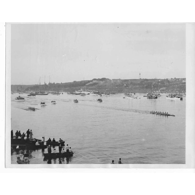 1932 black & white photo of Yale and Harvard Universities rowing on the Thames River, New London Connecticut. Publication...