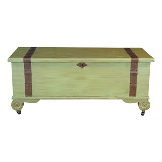 Vintage American Country Farmhouse Green Painted Chic Pine Blanket Chest Trunk For Sale