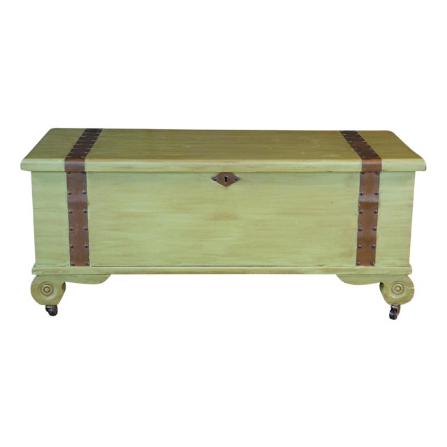 Vintage American Country Farmhouse Green Painted Chic Pine Blanket Chest Trunk For Sale