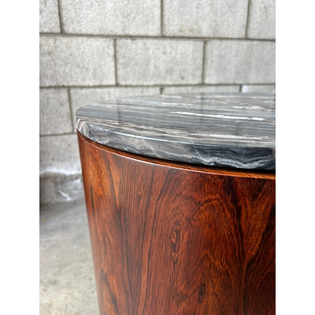 Harvey Probber Style Rosewood Drum Side Table / Bar Cabinet With Silver Wave Marble Top For Sale In Los Angeles - Image 6 of 11