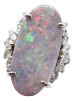Mid 20th Century Gia Opal and Diamond Ring, Size 7