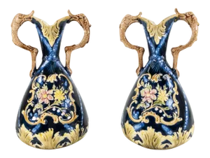 Early 20th Century Aesthetic Style Majolica Vases With Rococo Designs - a Pair