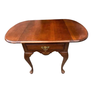 Solid Cherry Wood Drop Leaf Queen Anne Side Table by American Drew - Vintage Late 20th Century
