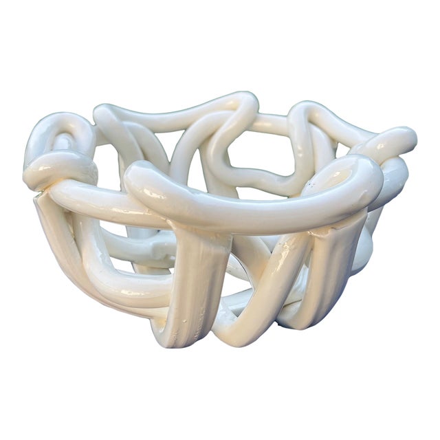 Vintage Post-Modern White Ceramic Woven Abstract Centerpiece Bowl For Sale
