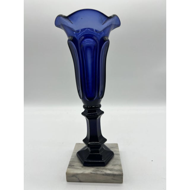 American Antique Pressed Glass Vase on a Marble Stand, Cobalt Colour, New England Glass Co, Circa 1840 For Sale - Image 3 of 11