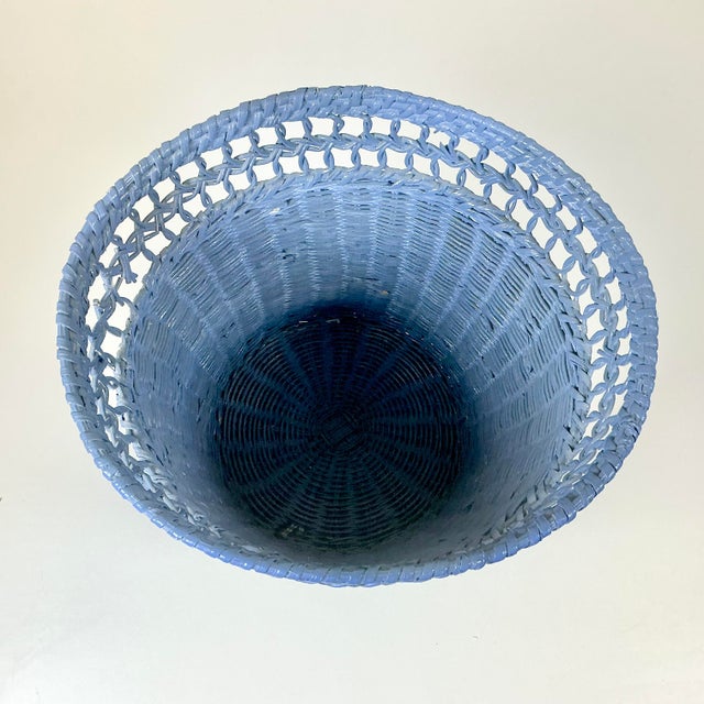 Mid-Century Boho Chic Coastal French Blue Wicker Wastebasket. For Sale - Image 11 of 11