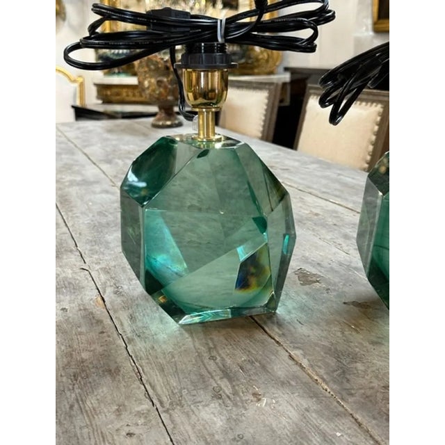 Modern Pair of Modern Polish Green Murano Glass Cube Lamps For Sale - Image 3 of 7