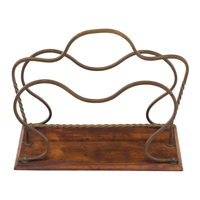 Mid-Century Modern Mid 20th Century Arts and Crafts Twisted Brass and Wood Magazine Rack For Sale - Image 3 of 6