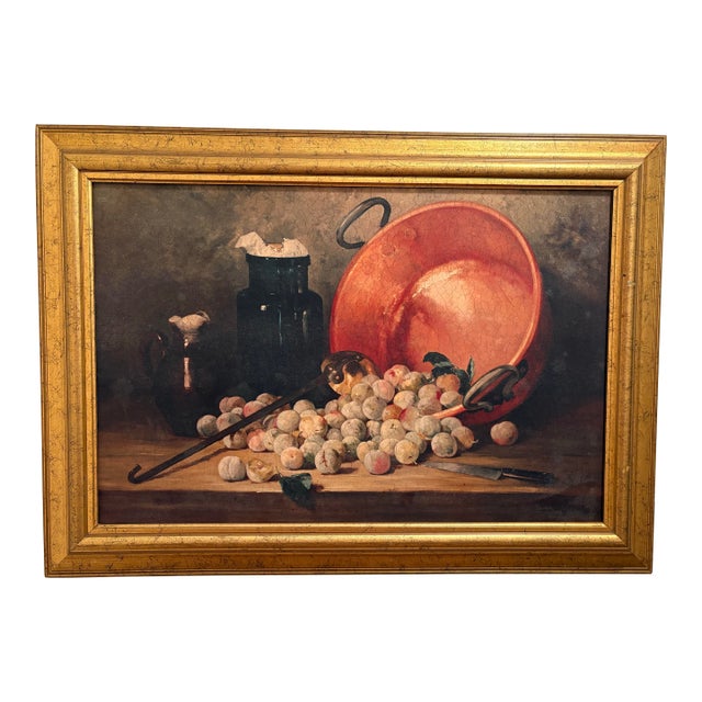 Framed Still Life Canvas Giclée Print — Plums & Jam-Making Scene by Paul Gagneux. Traditional, Farmhouse or Cottage Core Decor For Sale
