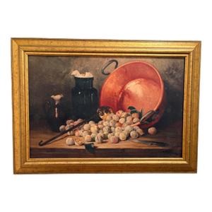 Framed Still Life Canvas Giclée Print — Plums & Jam-Making Scene by Paul Gagneux. Traditional, Farmhouse or Cottage Core Decor