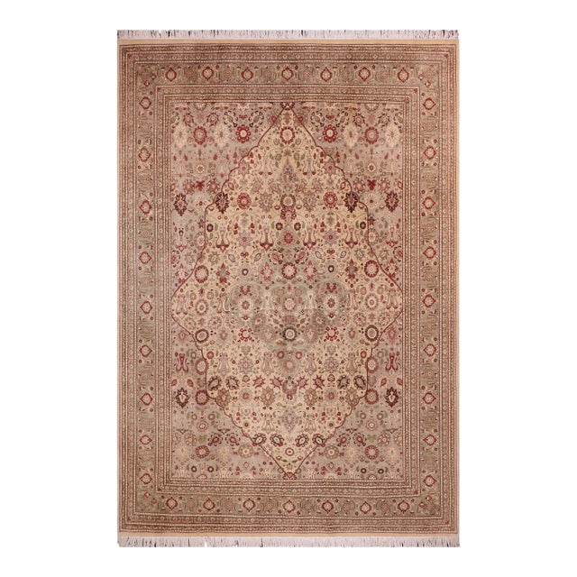 Shabby Chic 1990's Pak-Persian Gold/Green Wool Rug - 9'3'' X 12'1'' For Sale