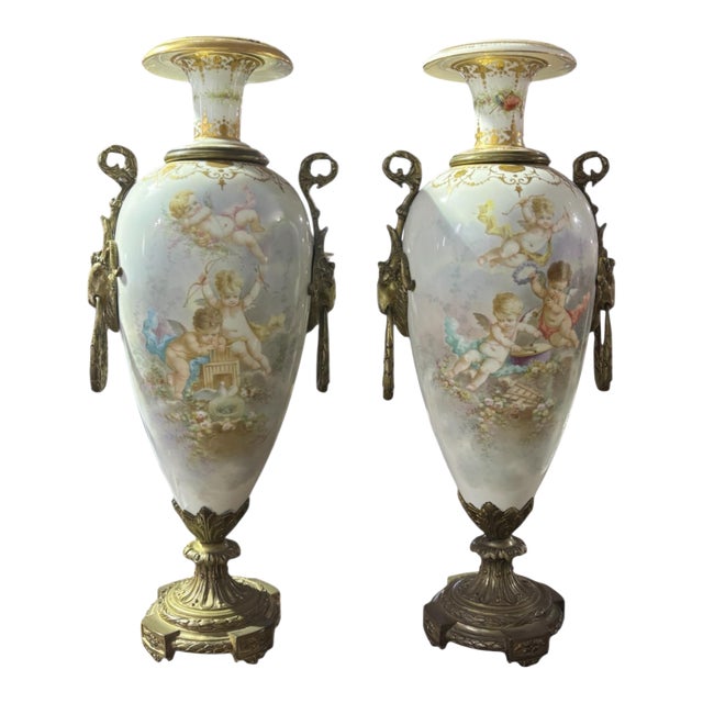 19th Century French Sevres Porcelain Vases With Gilded Bronze Mounts and Handles, a Pair For Sale