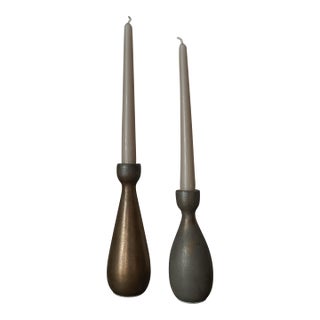 Pair of West Elm Metallic Bronze Taper Candle Holders For Sale