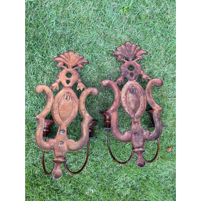 Metal Antique Spanish Revival Cast Iron Double Arm Wall Sconces, a Pair For Sale - Image 7 of 9