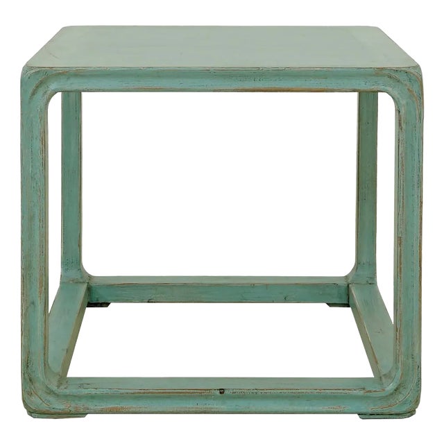 Ming-Style Square Side Table – Weathered Turquoise Finish For Sale