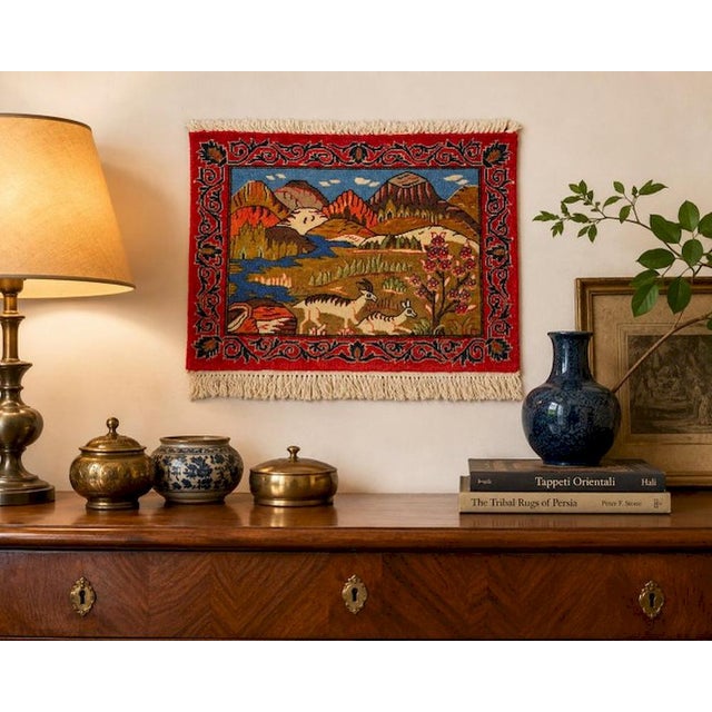 Mid-Century Modern Hand-Knotted Figurative Mountain Landscape with Gazelles Rug, 1980s For Sale - Image 3 of 10