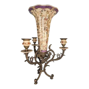 Early 1900s French Style Candelabra & Tulip Flower Vase Ceramic Candleholder Brass Base