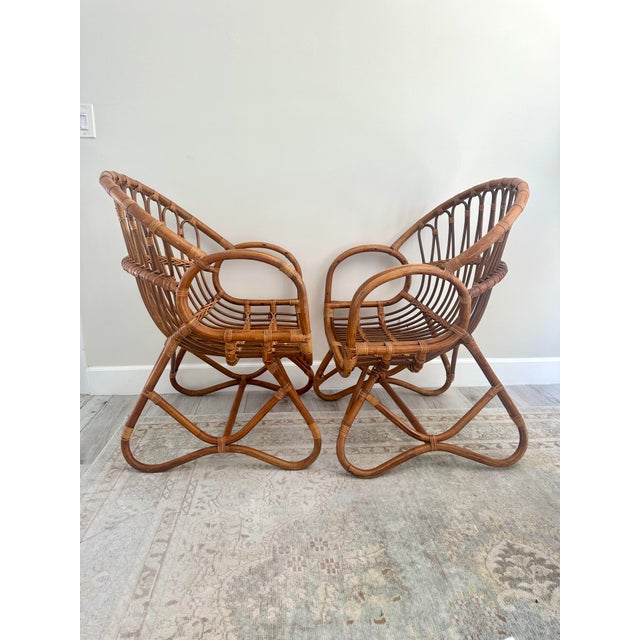 Hollywood Regency Pair of Vintage Rattan Chairs For Sale - Image 3 of 5
