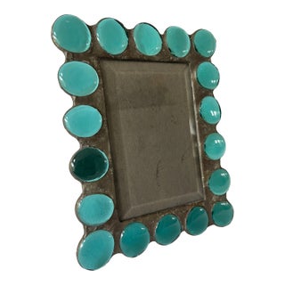 Turquoise Stained Glass Jewels Pewter Picture Frame For Sale