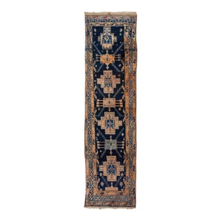 Vintage Persian Heriz Handmade Navy Blue Geometric Wool Runner For Sale