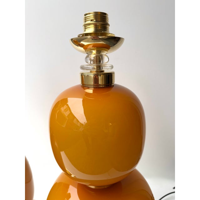 Contemporary Pair of Brass and Orange Murano Glass Bulbs Lamps, Italy For Sale - Image 4 of 13