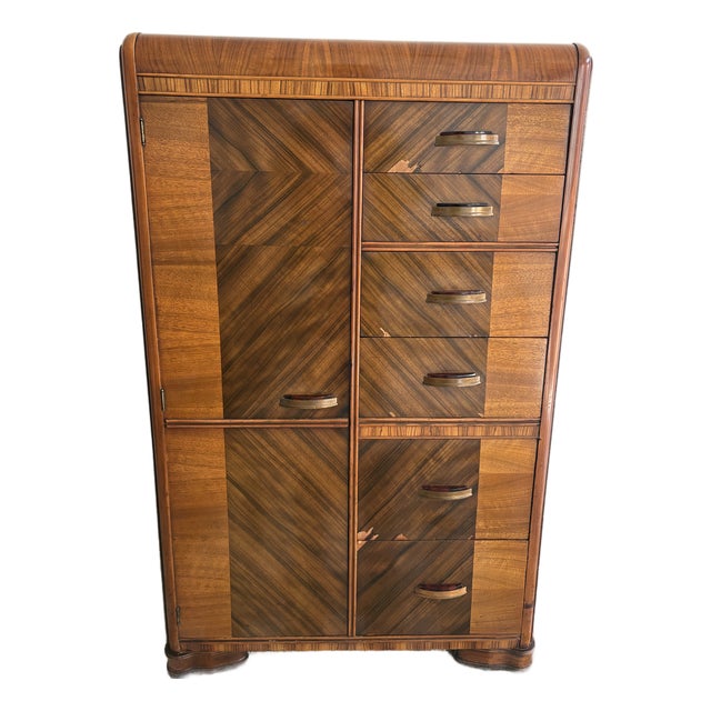 Mid 20th Century Walnut Veneer Cabinet by Tri-Bond – Bookmatched Front, Art Deco Influence For Sale