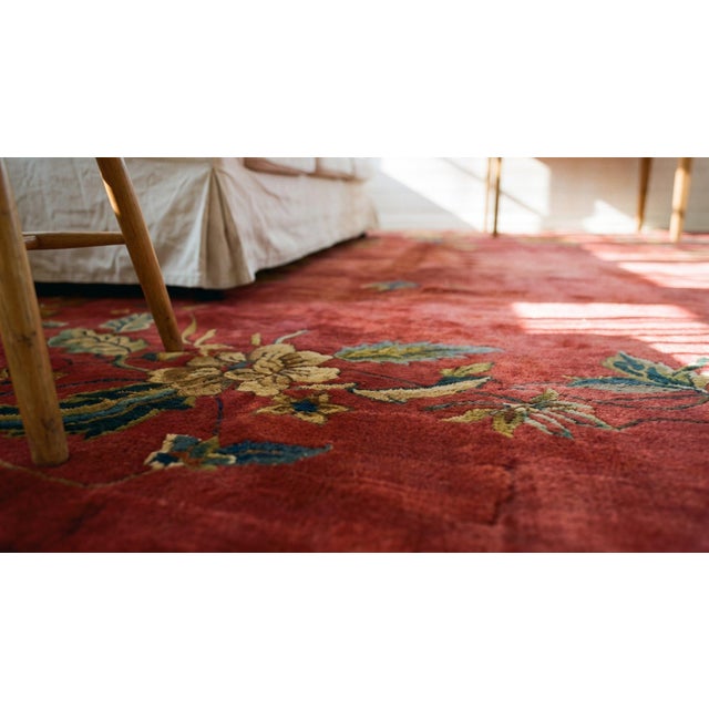 1920s Ruby Red Flora Bamboo Antique Chinese Art Deco Carpet 8'10" X 11'7" Knotted Wool Rug For Sale - Image 14 of 15