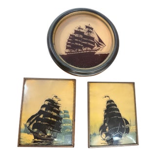 1930s Art Deco Reverse-Painted Convex Glass Maritime Ship Silhouettes - Set of 3 For Sale