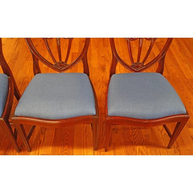 1990s Set of 8 Regency Style Solid Mahogany Fleur-De-Lis Blue Fabric Dining Chairs For Sale - Image 15 of 18