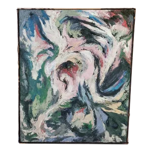 1950s Vintage Mid Century Modern Abstract Signed Painting 50s Label, Framed