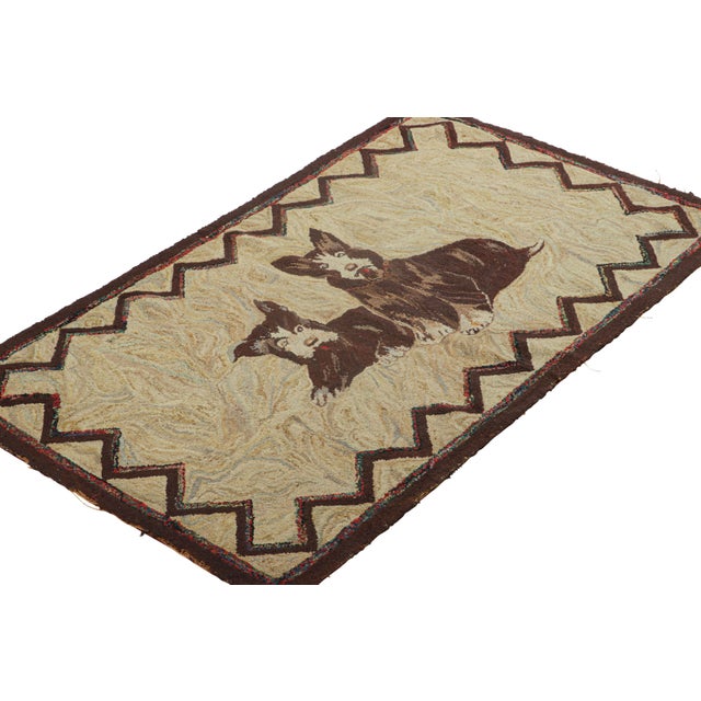 Rug & Kilim Antique Hooked Rug in Beige-Brown With Dog Pictorials - Rug & Kilim For Sale - Image 4 of 8