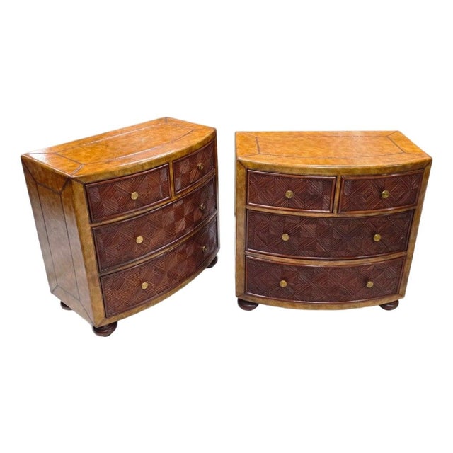 Late 20th Century Pair of Lineage Home Woven Rattan Front and Leather-Clad Bow Front Chest of Drawers For Sale - Image 18 of 18